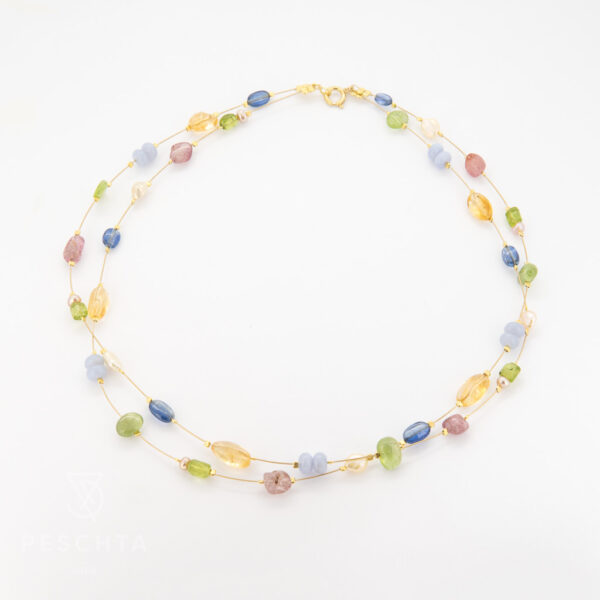 Citrin, Chalcedon, Peridot, Spinell, Kyanit, Perle Halskette